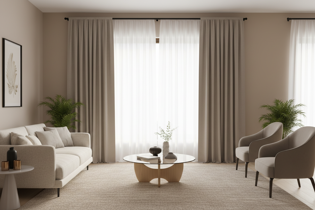 curtains style with main and sheer curtains with beige modern interior
