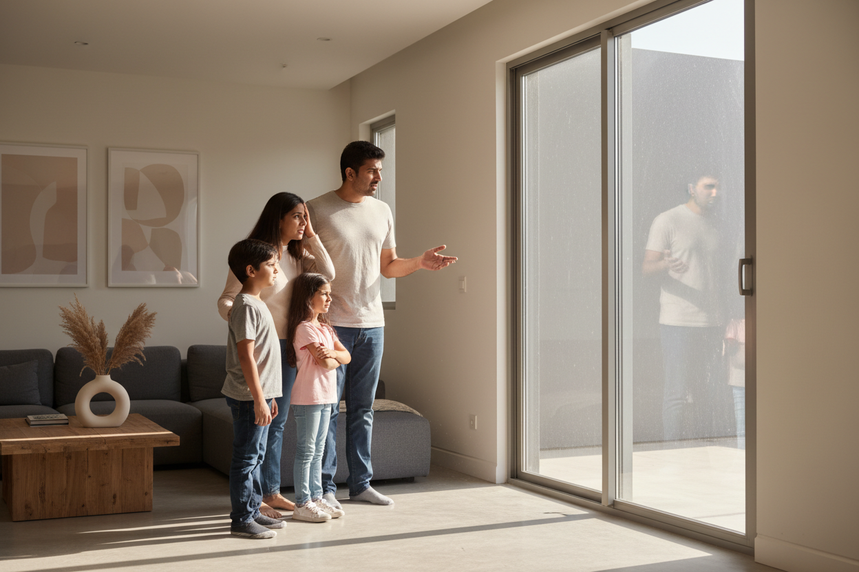 generate image of a indian family looking outside the window that is empty without curtains and is confused , interior of hoouse in modern and window is aluminum slider 