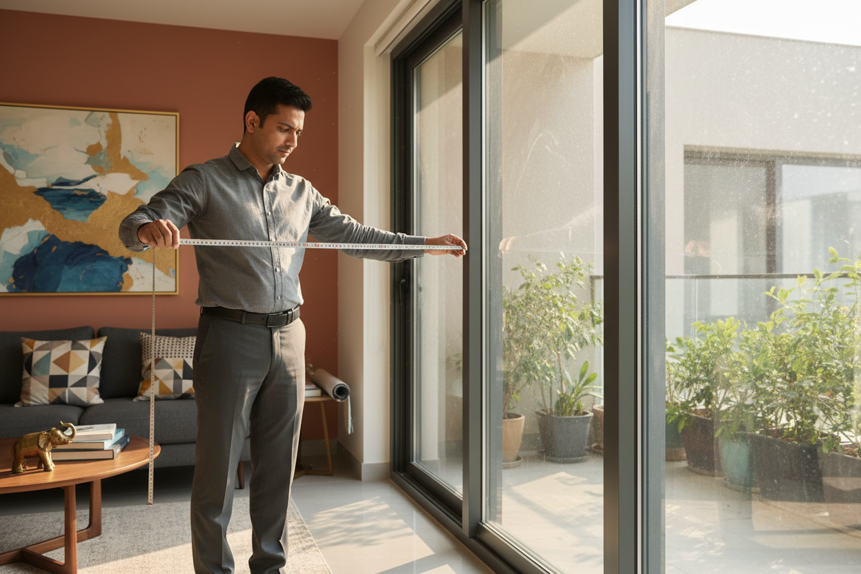generate image of a man measuring size of their aluminum slider window for curtains length and width , indian man and indian household with modern interiror