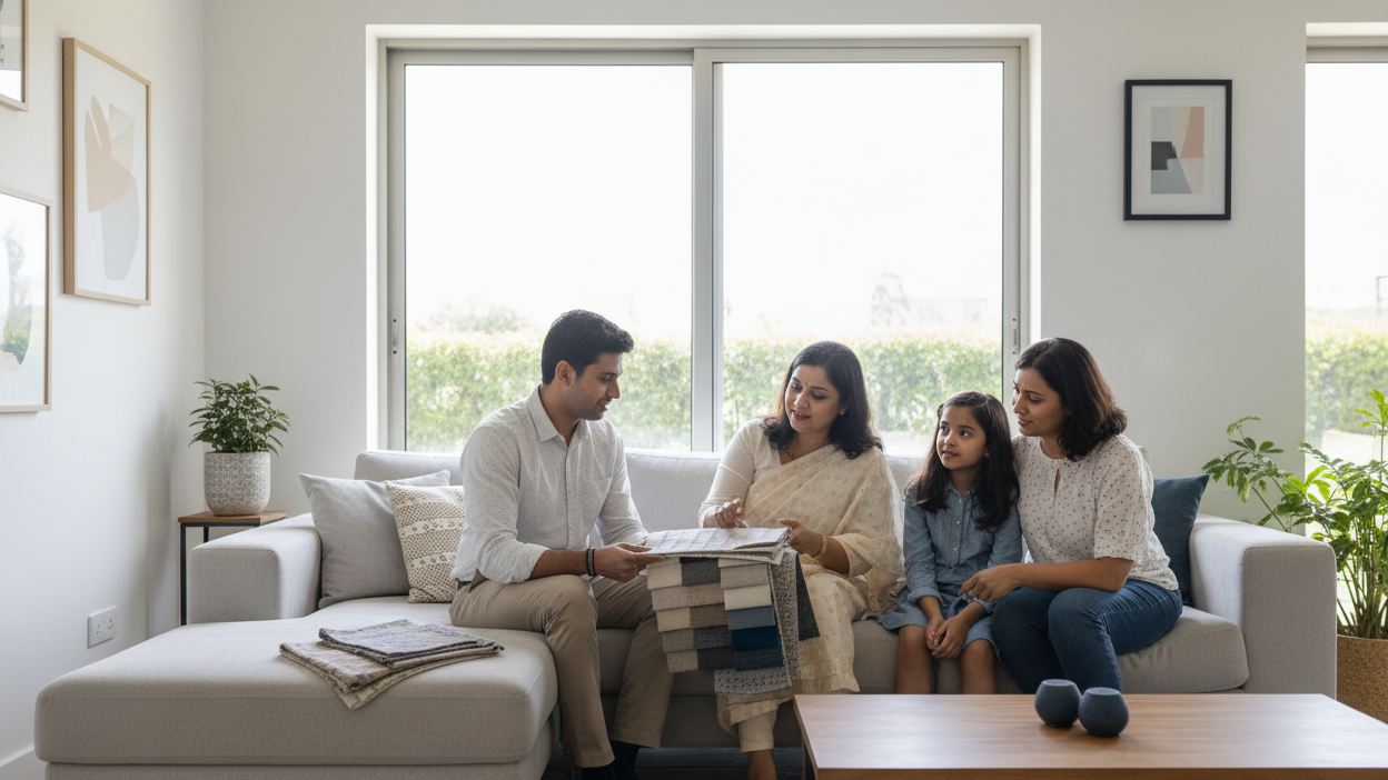 person showing samples should be male and will be sitting beside the familu and also there are no curtains in their window