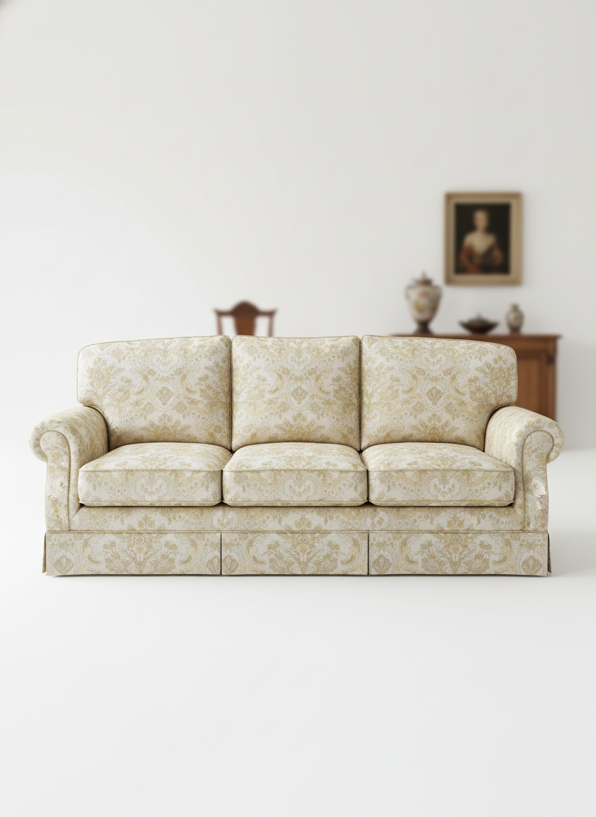 Patterned sofa in a room with a white wall and a small table in the background.