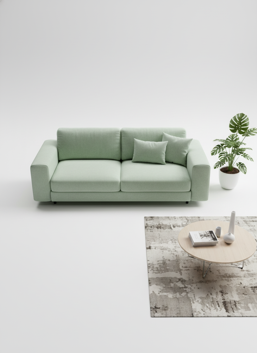 Light green sofa in a minimalistic living room with a coffee table and plant.