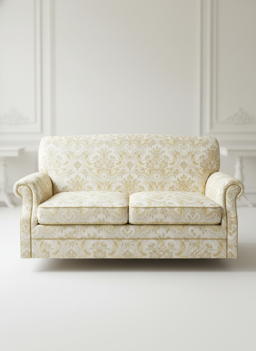 Patterned sofa in a room with white walls and floor