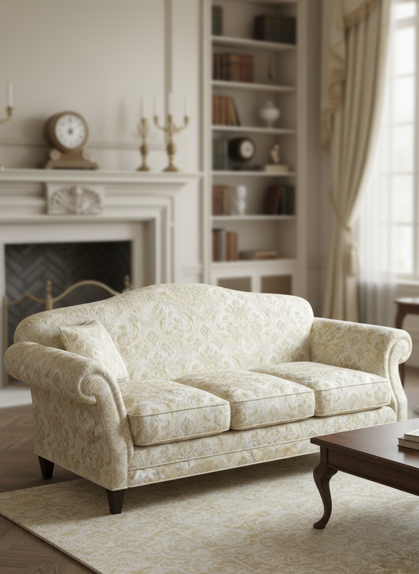 Patterned sofa in a living room with a fireplace and bookshelf.